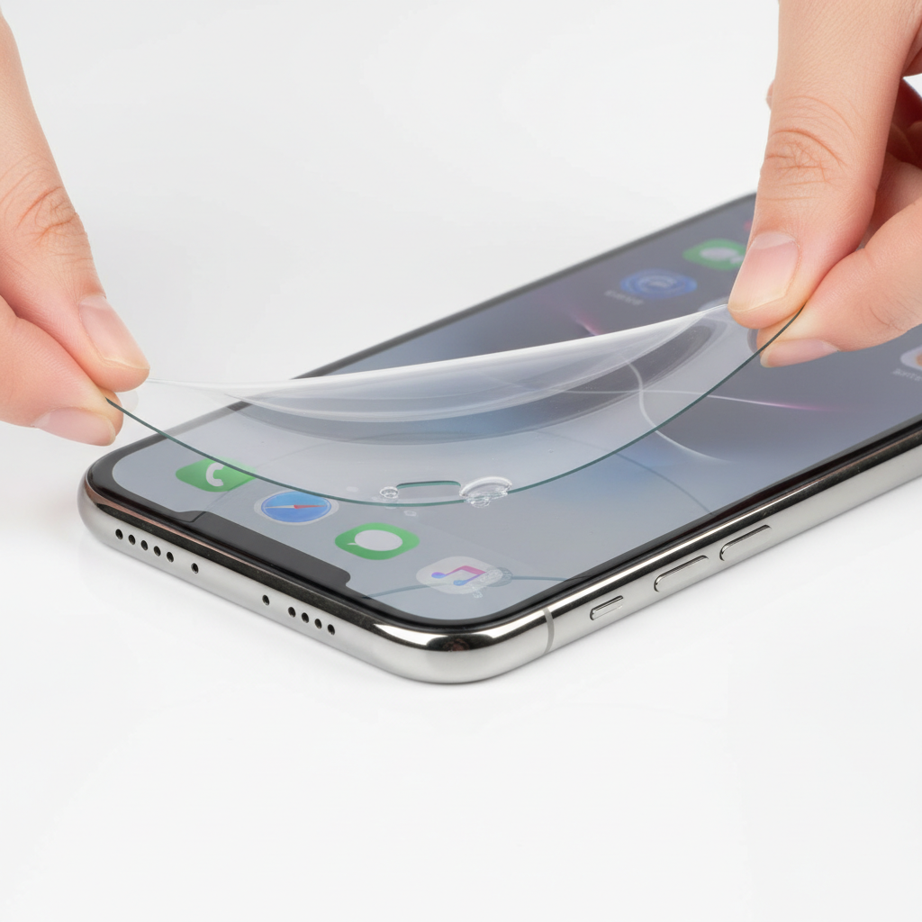 Hydrogel screen protector being applied to iPhone – flexible ultra-thin material