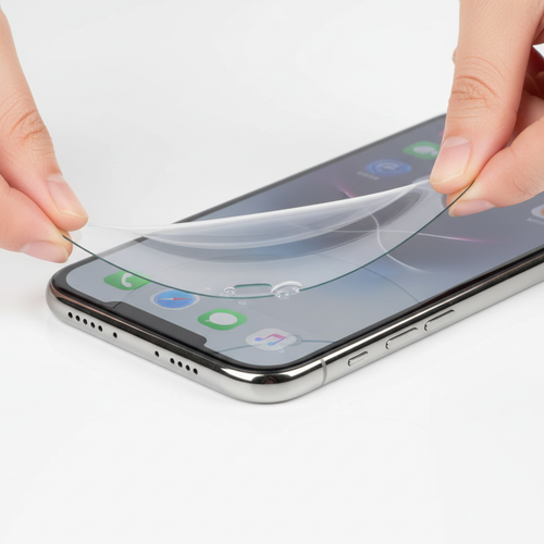 Hydrogel screen protector being applied to iPhone – flexible ultra-thin material