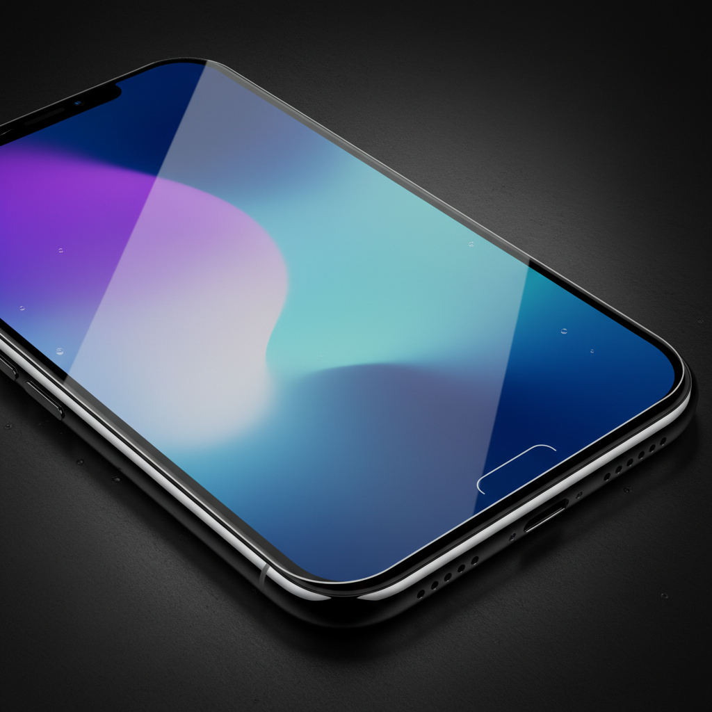 Close-up edge-to-edge hydrogel screen protector coverage on iPhone curved screen
