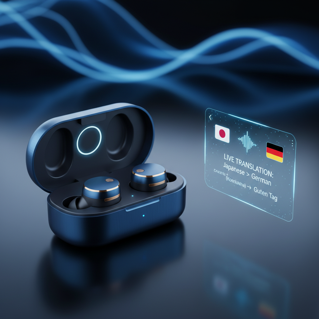 AI translator earbuds with charging case and holographic translation UI on dark background