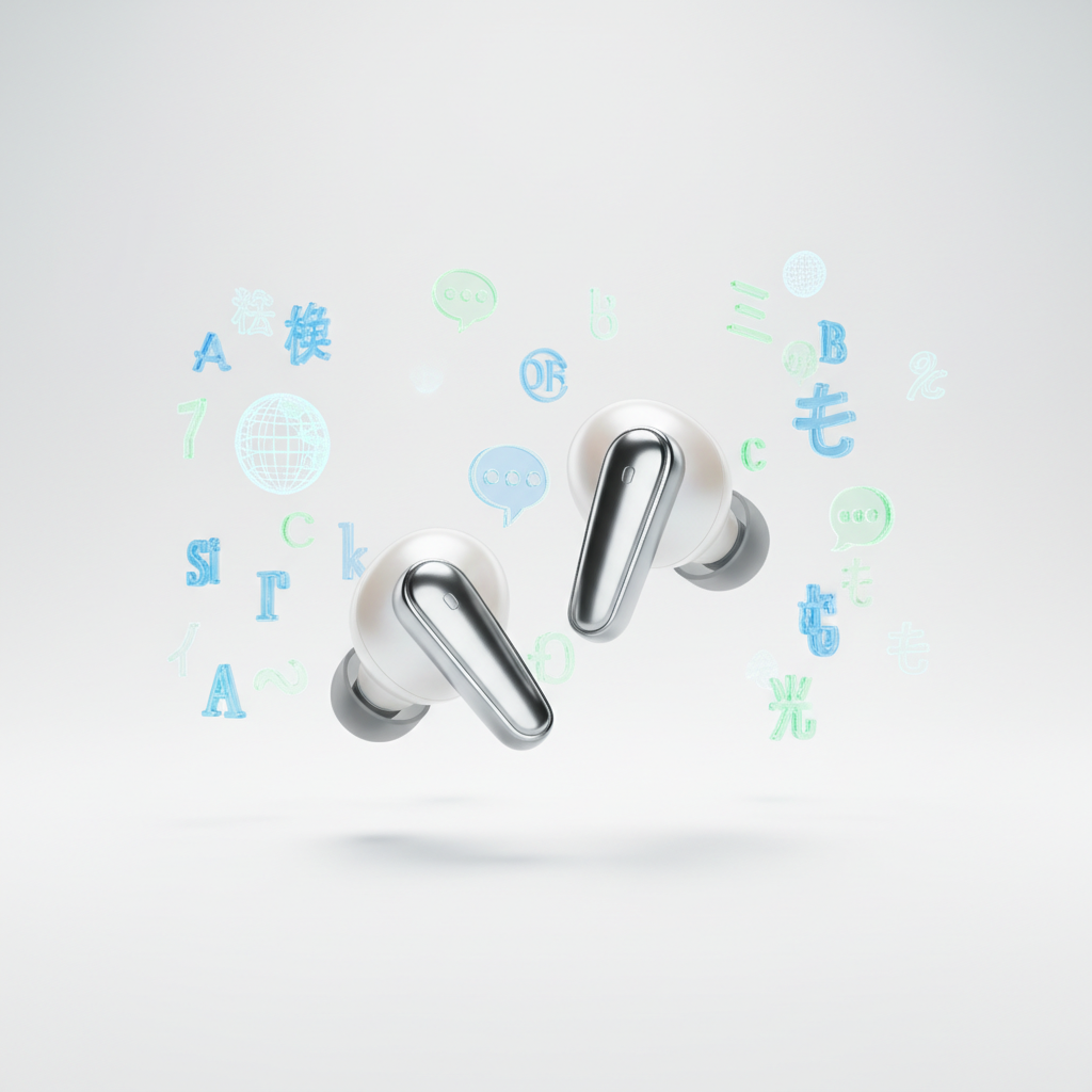 AI translator earbuds on white surface with holographic language symbols