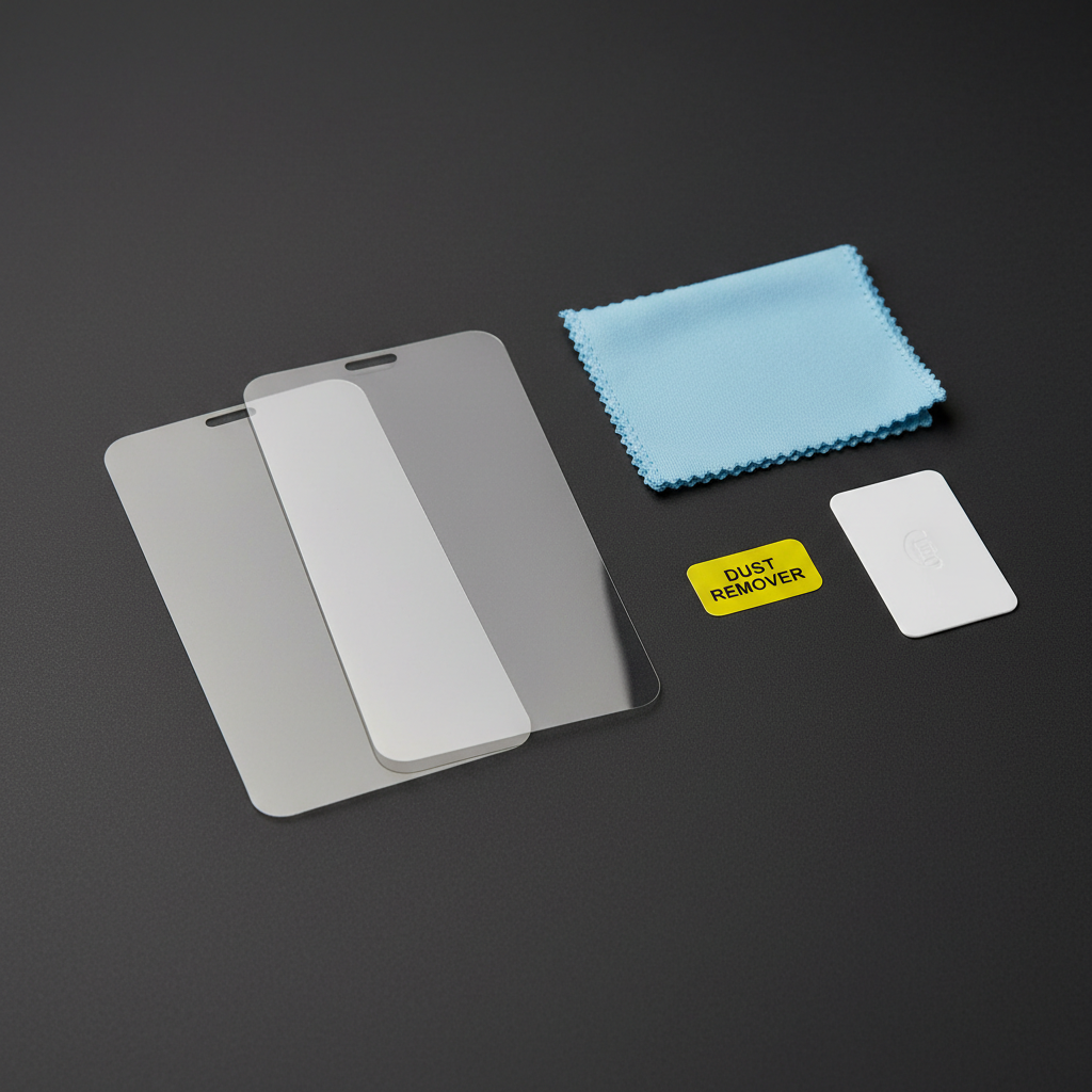 2-pack hydrogel screen protector flat lay with installation kit